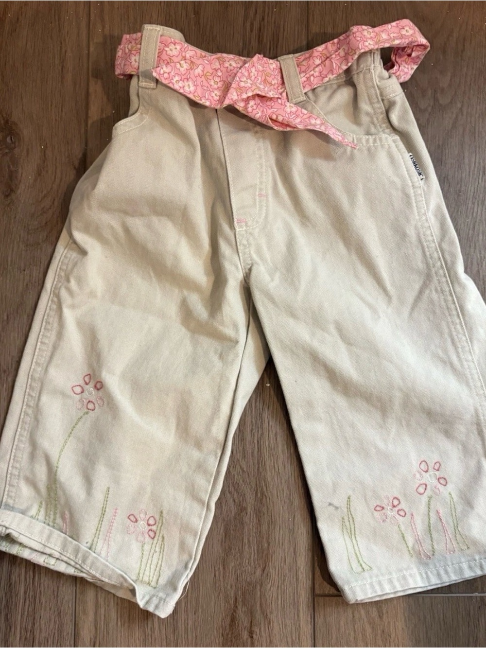 OshKosh B'gosh Cream Cotton Pants with Pink Floral Waist Tie